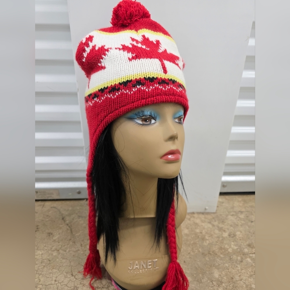 Red and White Mens Winter Hat with Maple Leaf Design